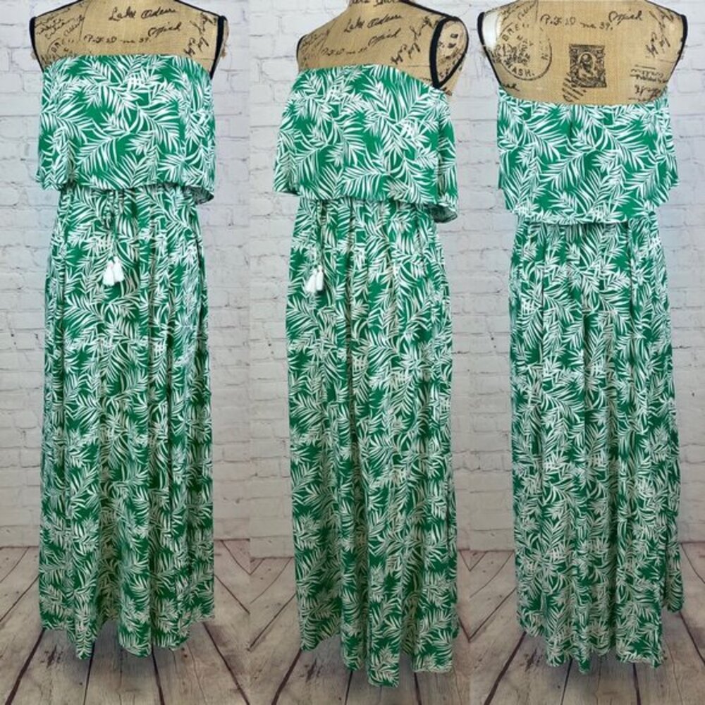 Japna Tropical Leafy Print Ruffle Strapless Tassel Tie Maxi